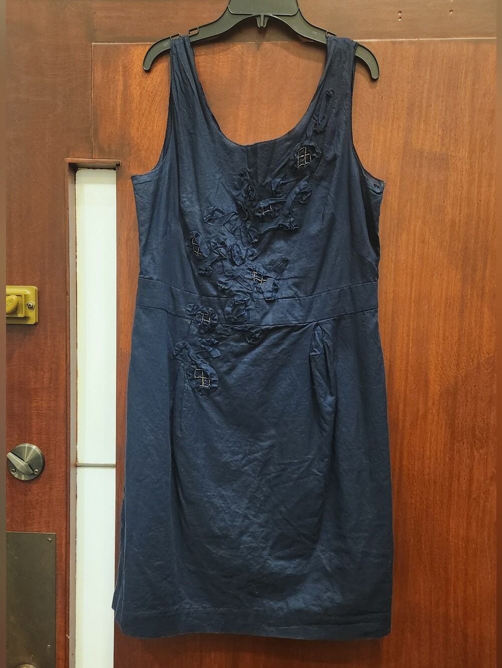 LOFT Navy 3D Embroidered Rosette 100% Cotton Sheath Party Cocktail Dress